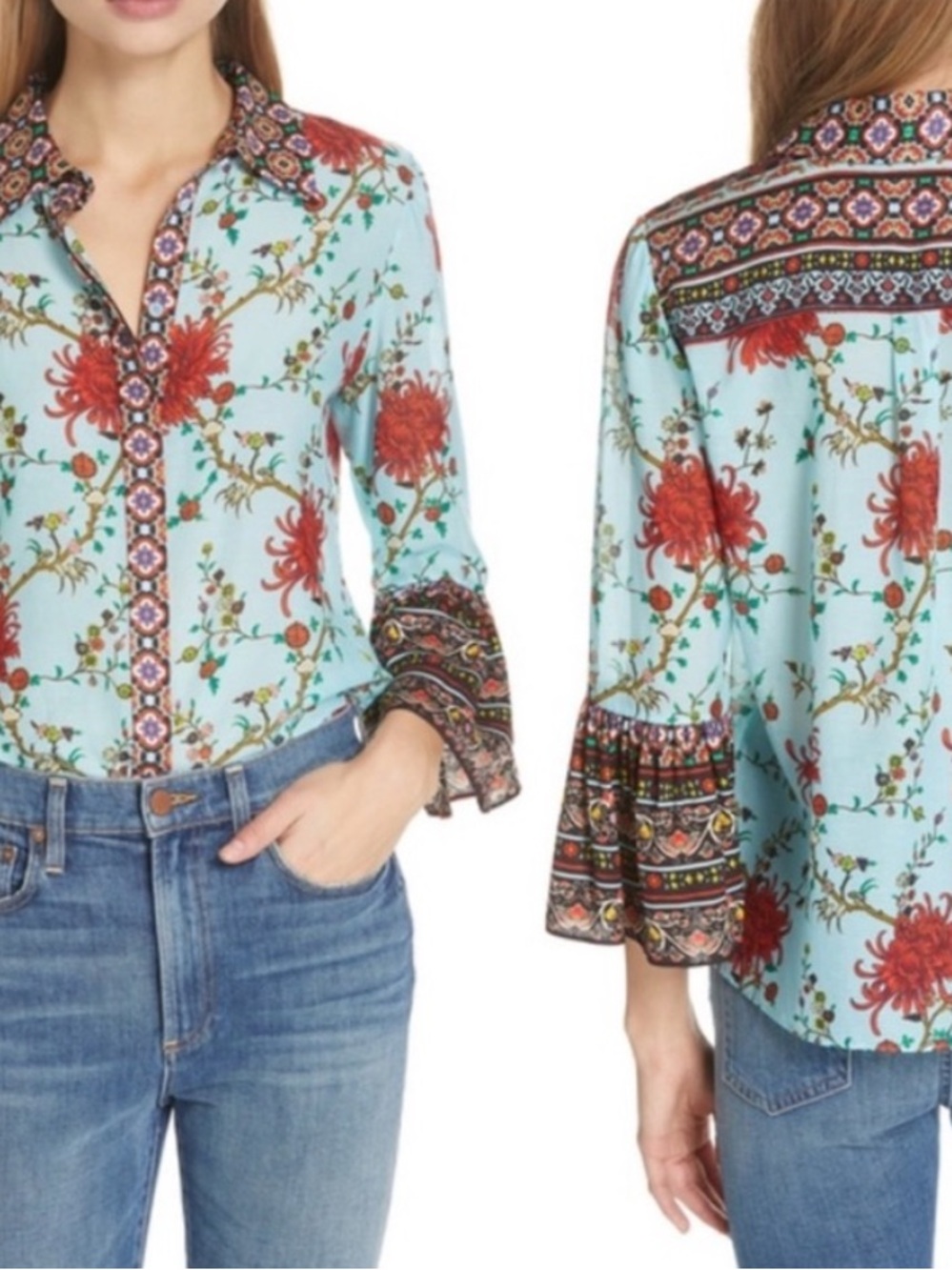 Alice + Olivia Rana Blue Floral Silk-Cotton Ruffle Sleeve Blouse XS - Picture 3 of 8